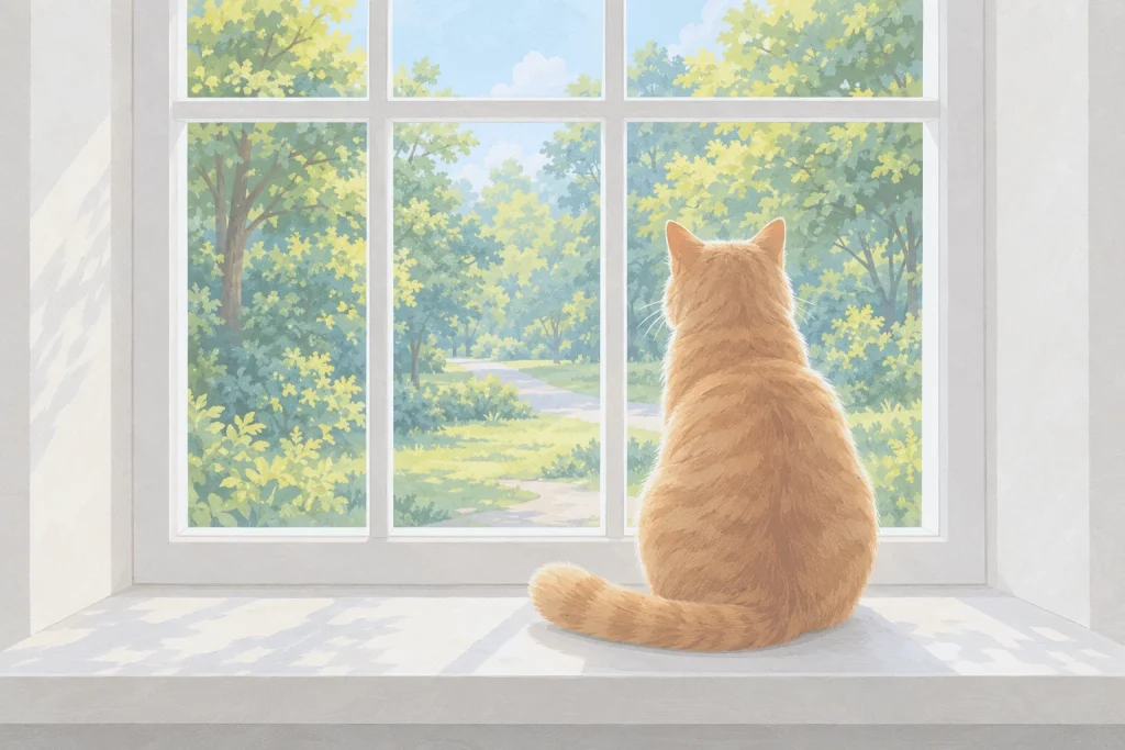 Rotbraune Katze sitzt auf einer breiten Fensterbank und schaut durch ein großes Fenster auf den sonnigen grünen Stadtpark.