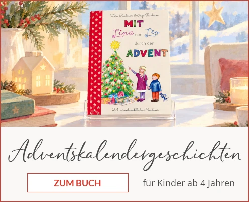 Kinderbuch „Mit Lina und Leo durch den Advent“ auf einem transparenten Aufsteller in heller weihnachtlicher Umgebung.