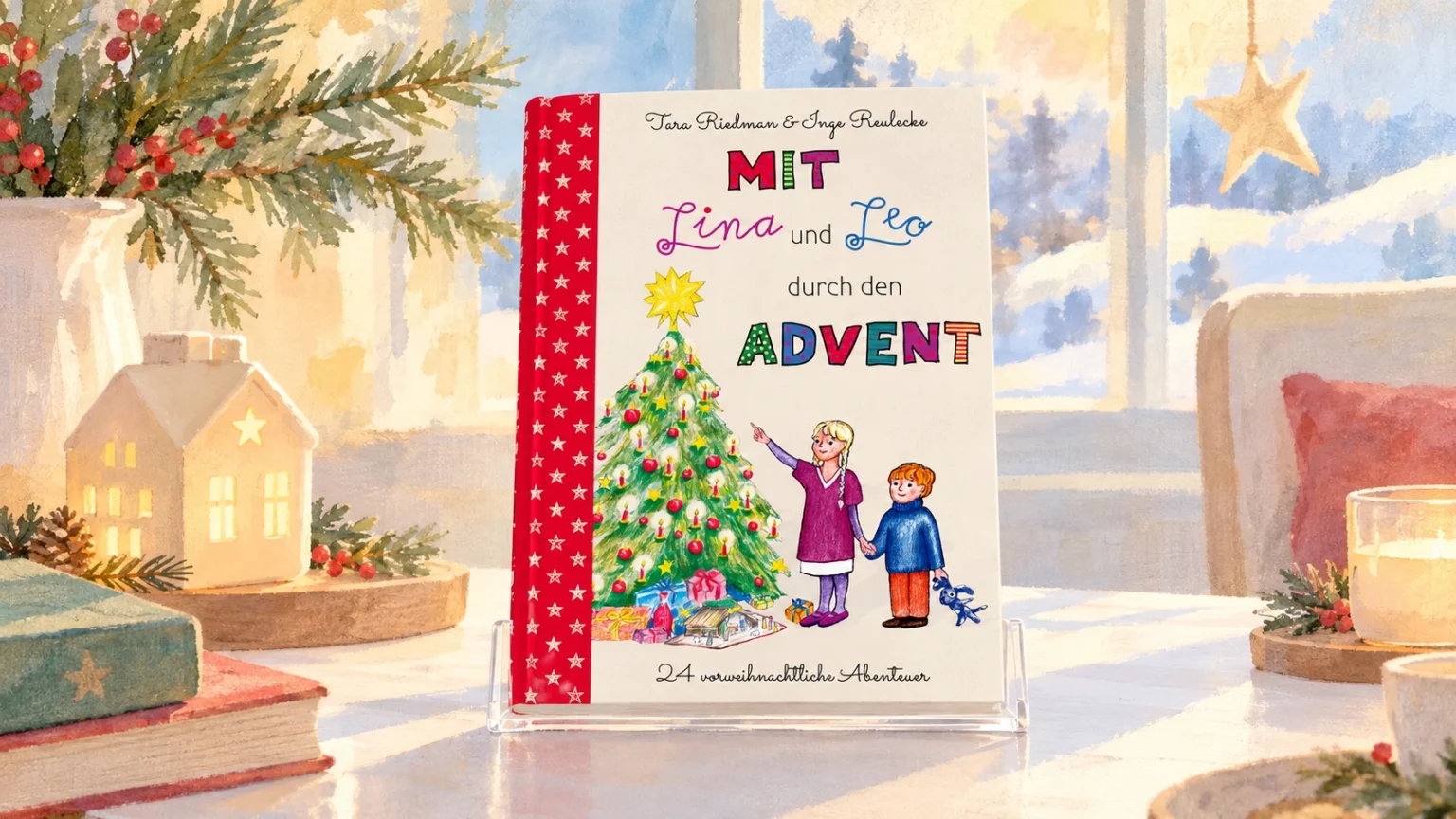 Kinderbuch „Mit Lina und Leo durch den Advent“ auf einem transparenten Aufsteller in heller weihnachtlicher Umgebung.