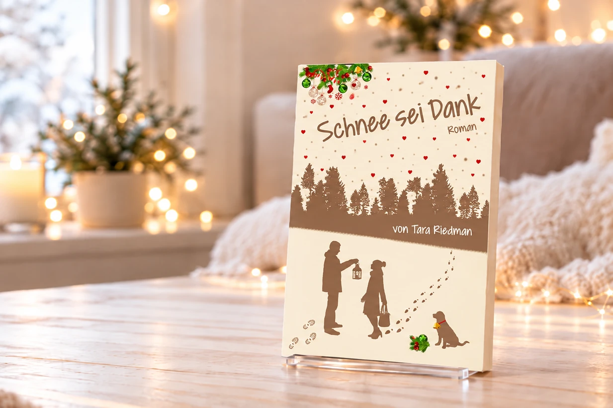 Winterroman „Schnee sei Dank“ von Tara Riedman auf einem hellen Tisch vor einem Fenster mit Lichterkette und winterlicher Deko.