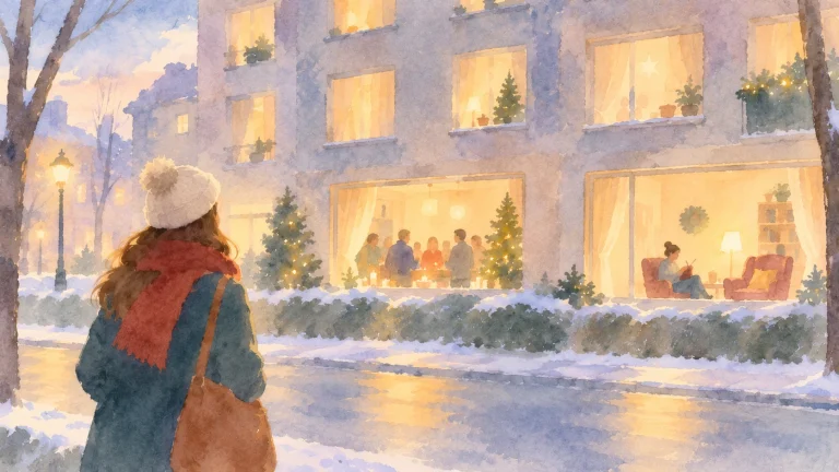 Junge Frau mit Mütze und Schal blickt in der winterlichen Abenddämmerung auf ein Mehrfamilienhaus mit beleuchteten Fenstern, hinter denen Menschen die Vorweihnachtszeit verbringen.