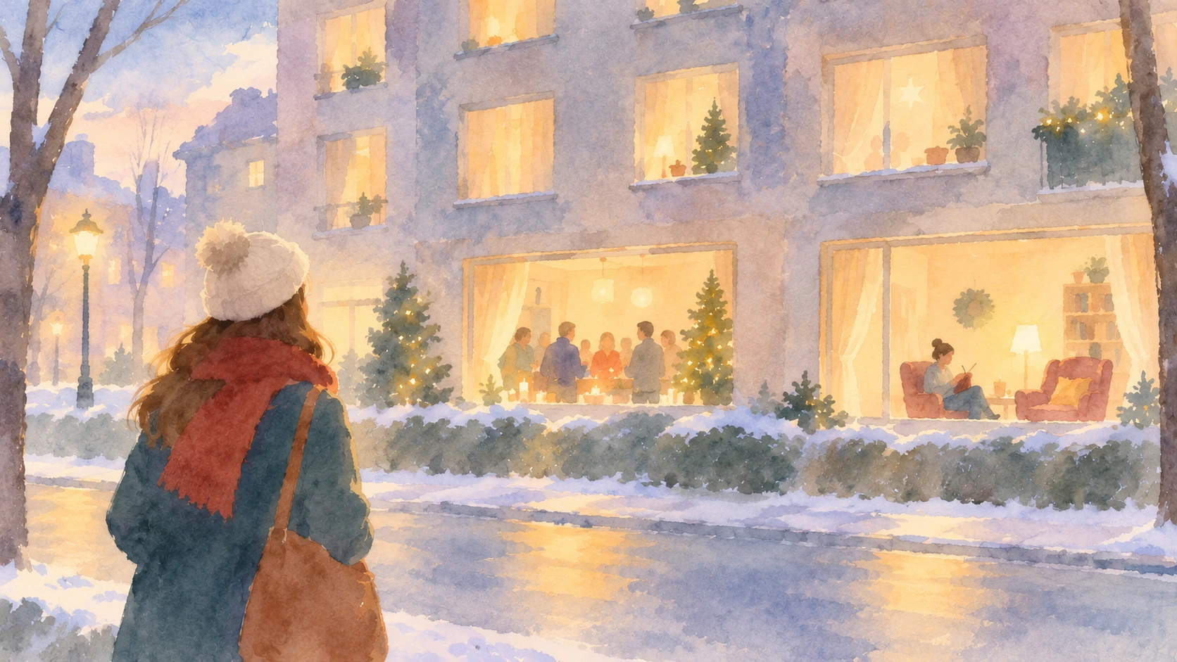 Junge Frau mit Mütze und Schal blickt in der winterlichen Abenddämmerung auf ein Mehrfamilienhaus mit beleuchteten Fenstern, hinter denen Menschen die Vorweihnachtszeit verbringen.