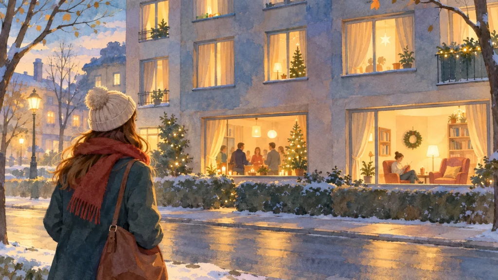 Junge Frau mit MĂŒtze und Schal blickt in der winterlichen AbenddĂ€mmerung auf ein Mehrfamilienhaus mit beleuchteten Fenstern, hinter denen Menschen die Vorweihnachtszeit verbringen.