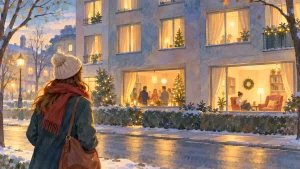 Junge Frau mit Mütze und Schal blickt in der winterlichen Abenddämmerung auf ein Mehrfamilienhaus mit beleuchteten Fenstern, hinter denen Menschen die Vorweihnachtszeit verbringen.