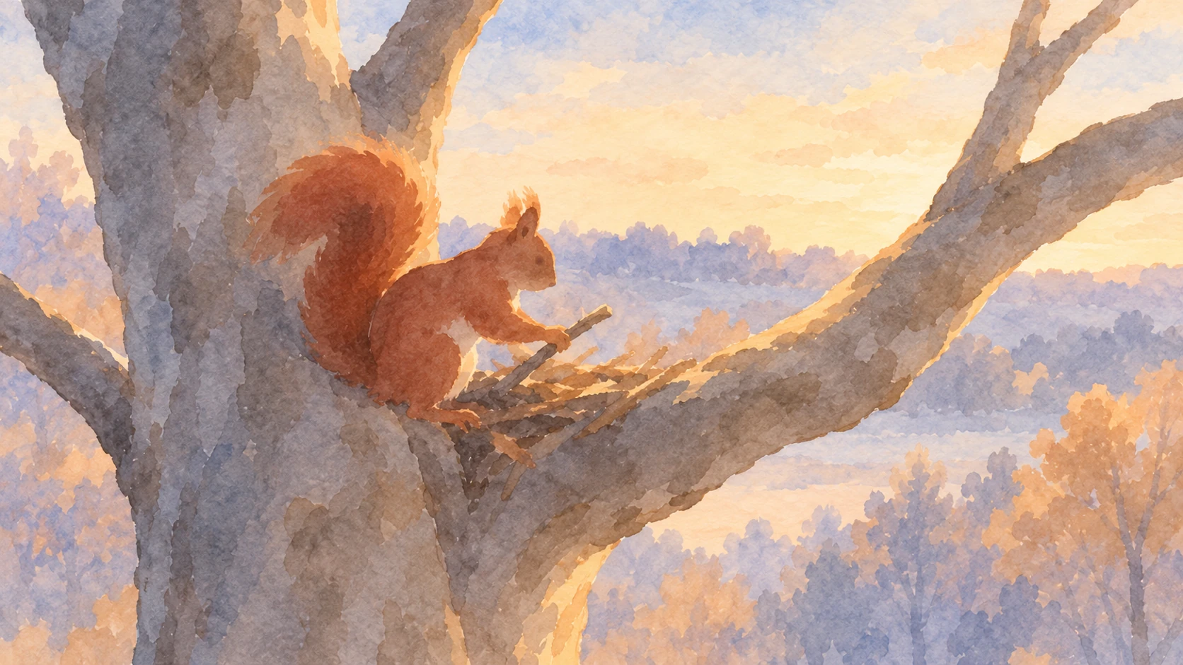 Aquarellillustration eines Eichhörnchens, das in einer Astgabel einen Kobel aus Zweigen baut, vor einem herbstlichen Wald im warmen Abendlicht.