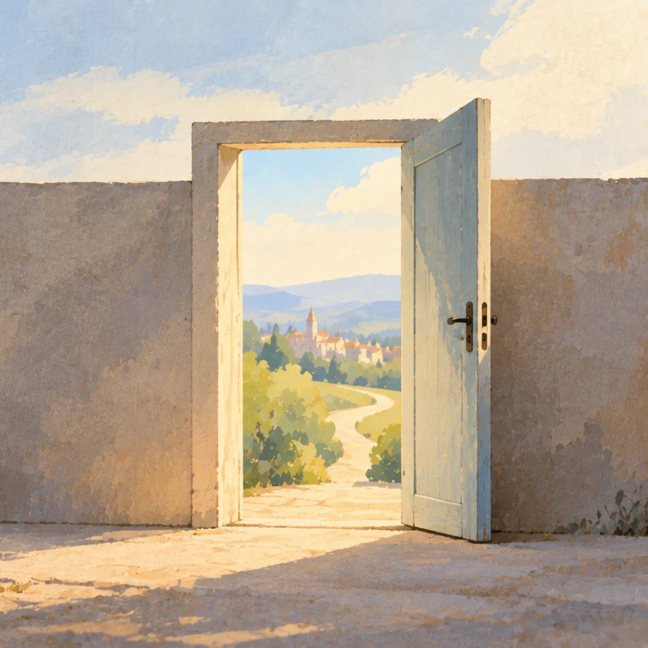Hohe Mauer versperrt den Blick auf die Landschaft, während eine offene Tür den Weg in die Weite sichtbar macht.