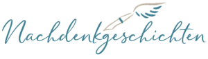 Schriftzug Nachdenkgeschichten mit Schreibfeder in türkis.